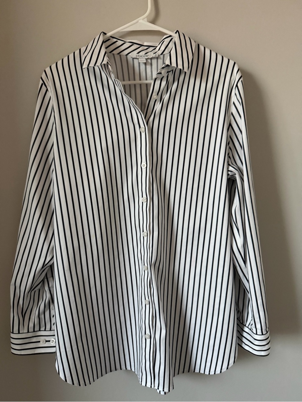Chico's White Shirt with Black Vertical Stripes